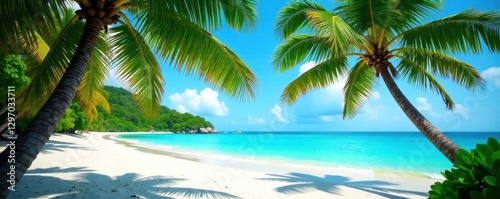 Lush palm trees frame pristine white sand beach, turquoise ocean panorama , beach, mexico