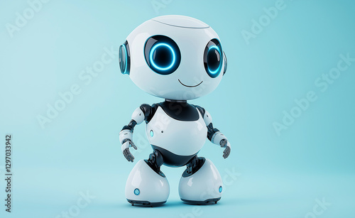 A cute, small humanoid robot with glowing eyes, representing AI, robotics, and technology designed for fun and interaction.