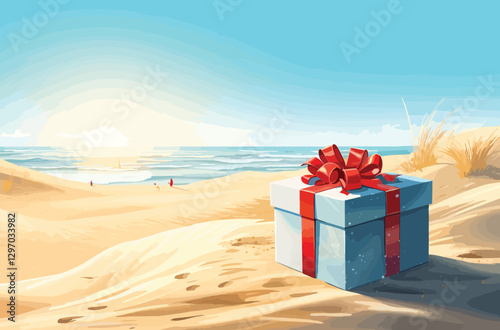 Gift boxes on the beach with ribbons and bows for a holiday celebration