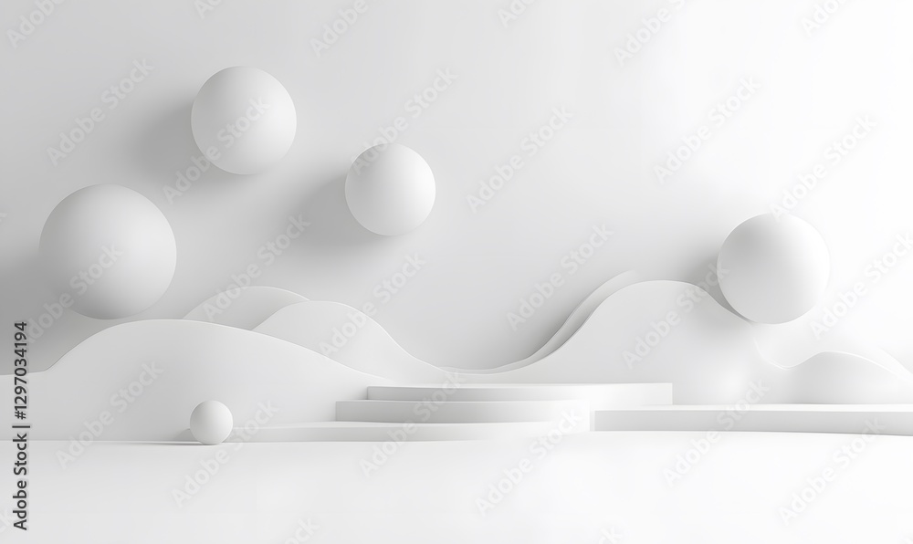 Abstract minimalist white scene with floating spheres and wave-like platforms Abstract minimalist white scene with floating spheres and wave-like platforms