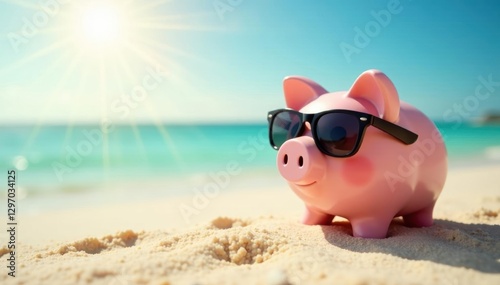 Piggy bank in sunglasses on sandy beach, enjoying sun , vibrant, travel