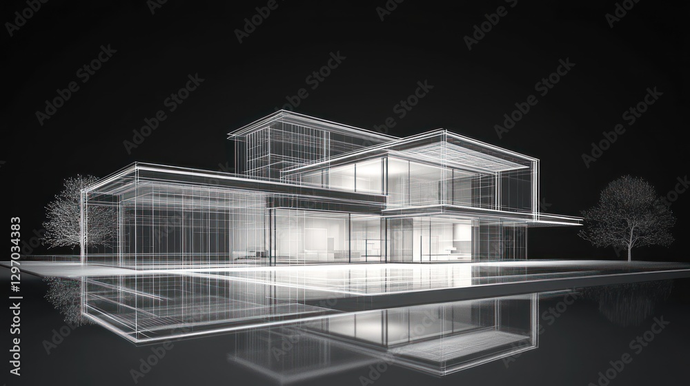Modern house architectural design, night, pool, reflection, real estate Modern house architectural design, night, pool, reflection, real estate