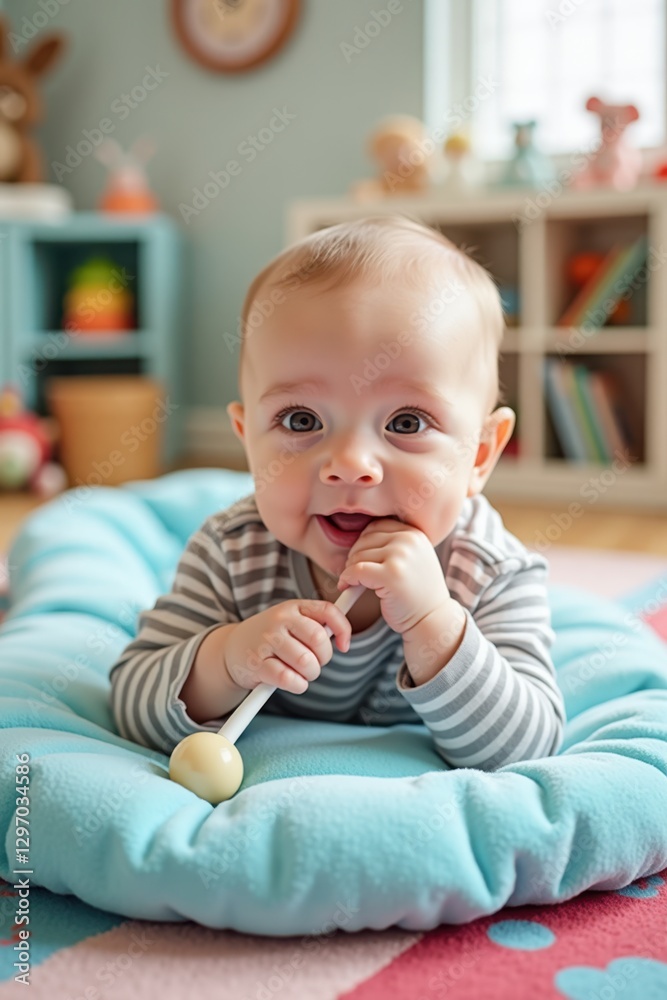 A newborn baby is lying on a soft blue mat, playing with a rattle. The background is a bright playroom with toys, books, and a colorful rug A newborn baby is lying on a soft blue mat, playing with a rattle. The background is a bright playroom with toys, books, and a colorful rug