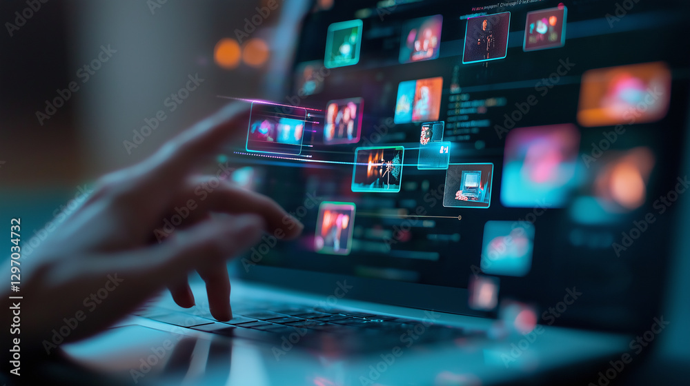 A person interacting with a futuristic laptop interface, showcasing advanced data visualization, digital media, and interactive technology. A person interacting with a futuristic laptop interface, showcasing advanced data visualization, digital media, and interactive technology.
