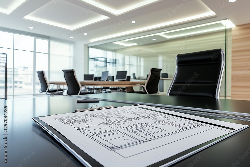 Modern office space featuring construction project documentation requirements and building permit process, showcasing architectural plans on table. Concept involves essential documentation needs Modern office space featuring construction project documentation requirements and building permit process, showcasing architectural plans on table. Concept involves essential documentation needs