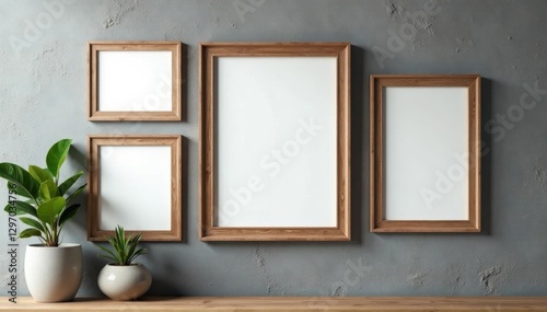 Rustic wooden picture frames on a textured gray wall, blank, cottage