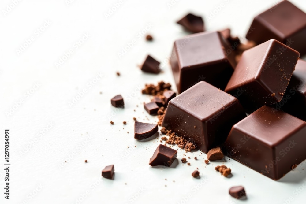 Shattering dark chocolate fragments against bright white , high resolution, close up Shattering dark chocolate fragments against bright white , high resolution, close up