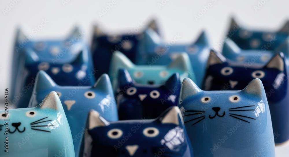 Obraz premium Colorful ceramic cat figurines in various shades of blue and teal