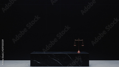 Justice Balance on Stage: A minimal and elegant shot features a dark marble stage. a symbol of justice stands on it