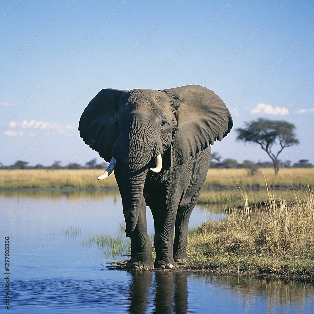 Fototapeta premium African Elephant by Water, Savanna Landscape, Wildlife, Majestic Animal, Possible Use Stock Photo