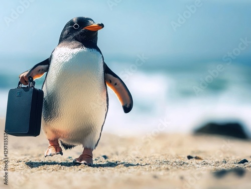 Penguin walking on a beach holding a suitcase with determination
