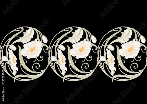 Decorative flowers and leaves in art nouveau style, vintage, old, retro style. Seamless pattern, background. Vector illustration. In art nouveau style, vintage, old, retro style.