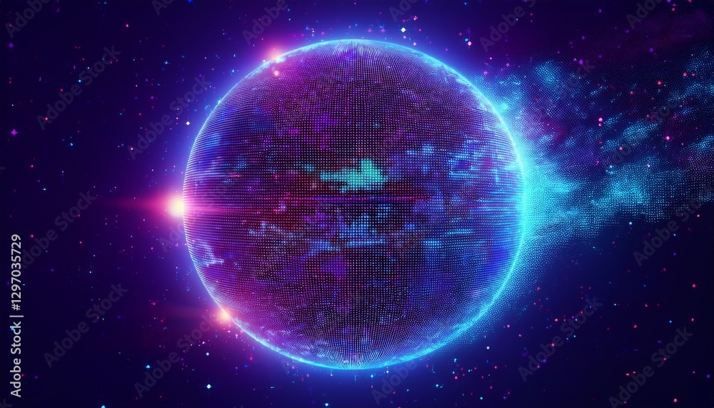 Obraz premium 거대한 행성이 픽셀처럼 해체되며 입자로 퍼지는 장면