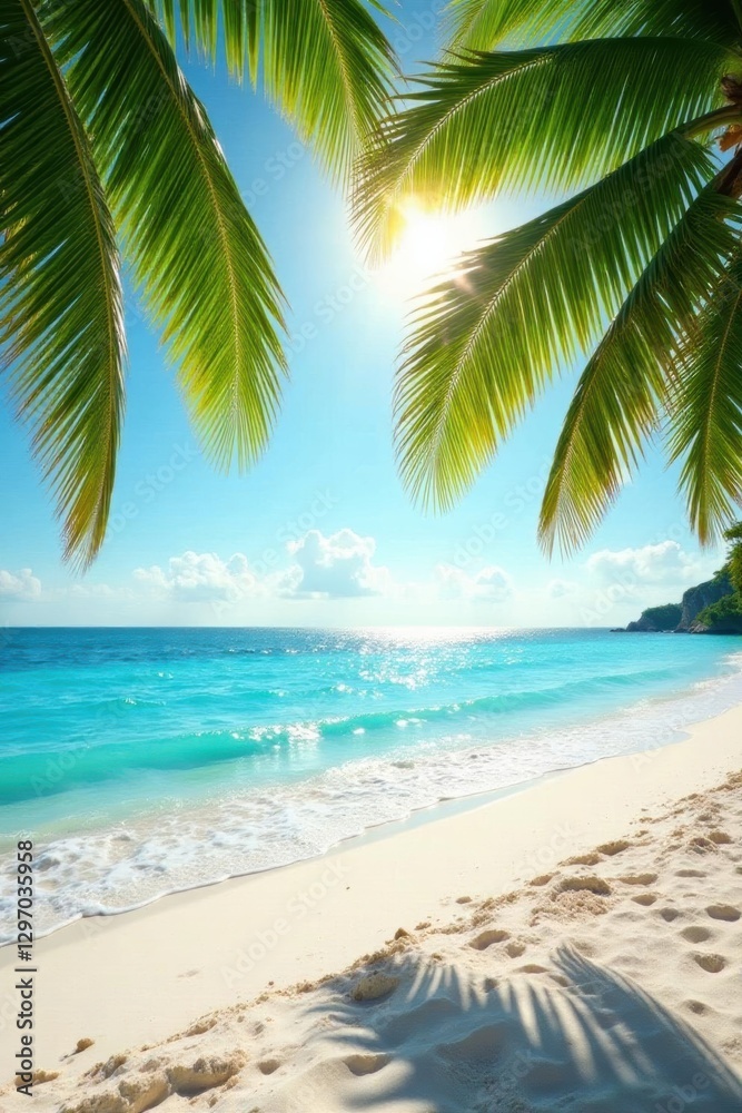 Sun-drenched palm fronds arch over white sand beach, serene, idyllic Sun-drenched palm fronds arch over white sand beach, serene, idyllic