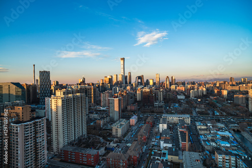Fototapeta Naklejka Na Ścianę i Meble -  A panoramic view from a high altitude in the city of Beijing, China, showcases numerous tall buildings