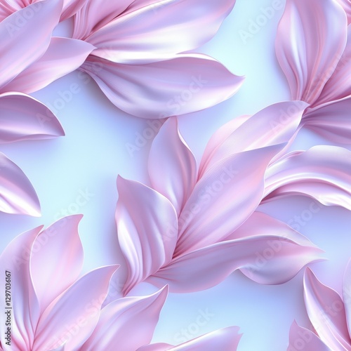 Pink satin flower petals flowing on light blue background, floral seamless pattern
