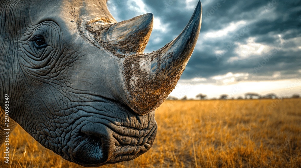 Fototapeta premium Rhino portrait, African savanna, sunset, wildlife conservation