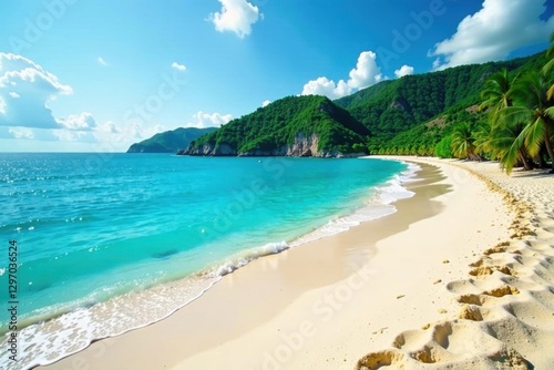 White sand beach curves into a vibrant ocean, lush greenery blankets the hills , vegetation, coastline