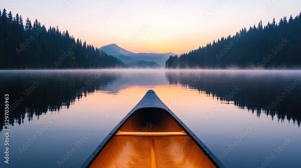 Serene canoe on calm lake at sunrise, surrounded by misty trees and mountains. Serene canoe on calm lake at sunrise, surrounded by misty trees and mountains.
