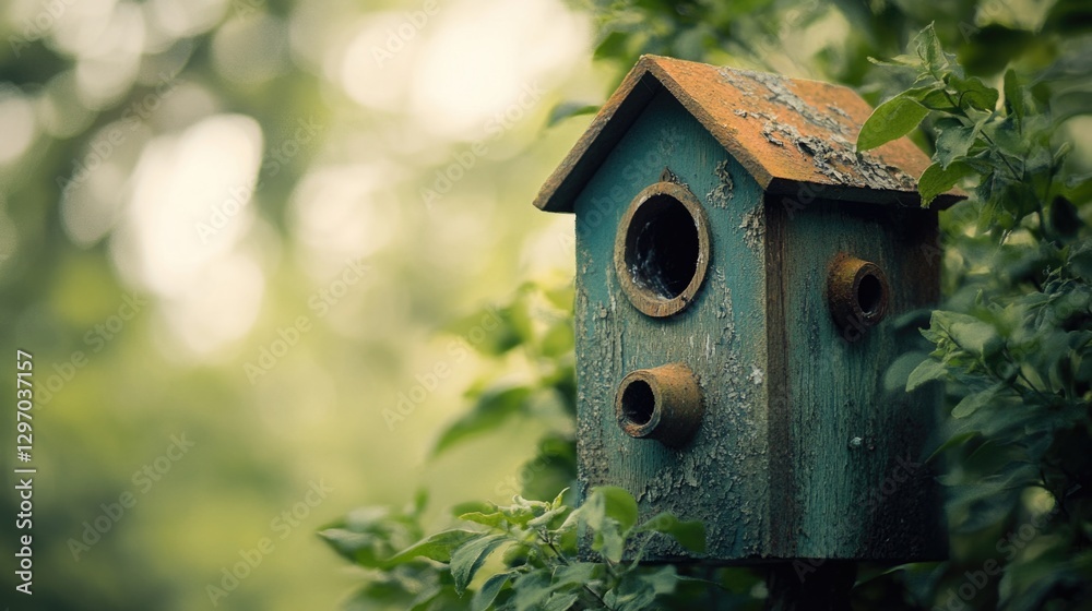 A small blue birdhouse perched high up on a tree branch, ready for birds to nest A small blue birdhouse perched high up on a tree branch, ready for birds to nest