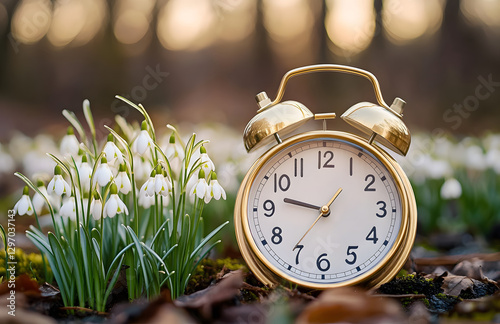 Alarm clock with snowdrop flowers, switch to daylight saving time in spring, summertime changeover