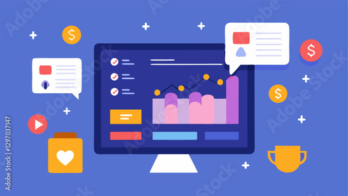 Social Media Alerts and Trades An illustration of a trading interface connected to social media feeds with alerts appearing for buying or selling stocks based on social mentions.