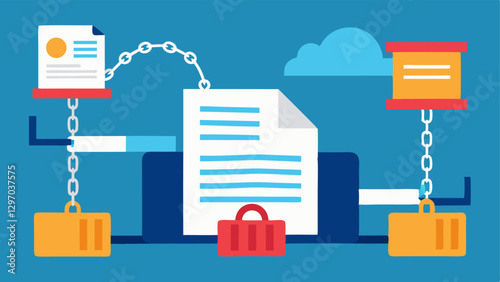 Smart Contracts A digital ledger illustration showing smart contracts being exeed automatically with chains linking participants while traditional legal documents are piled in a