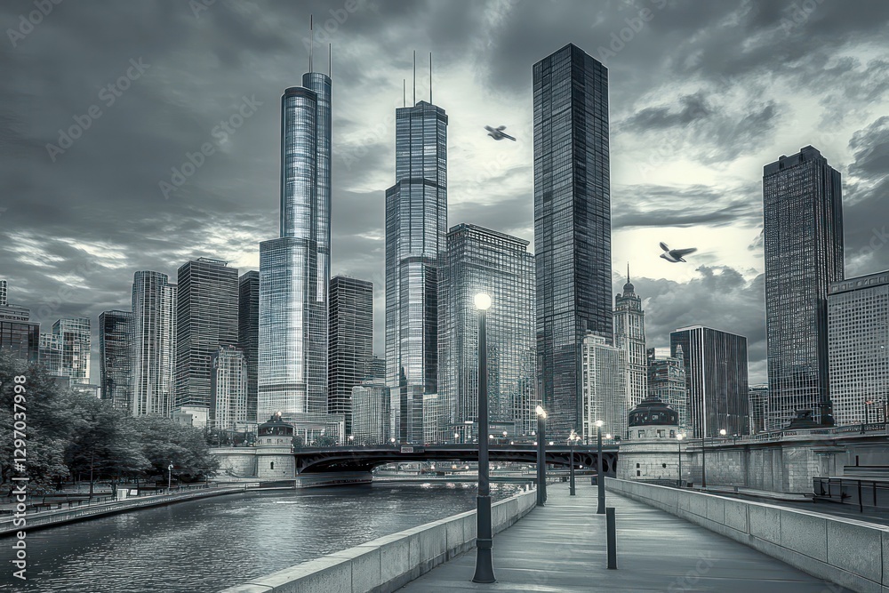 Fototapeta premium An urban cityscape showcases a river with tall buildings in monochrome