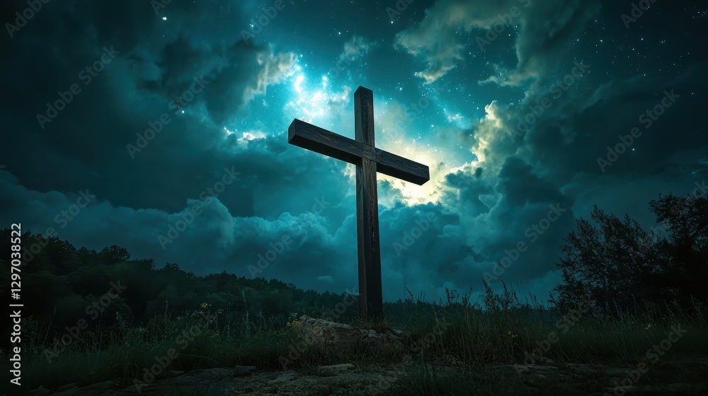 Fototapeta premium A dramatic silhouette of a wooden cross against a starry night sky, surrounded by ethereal clouds and a serene natural setting.