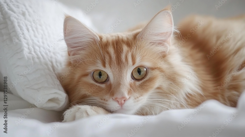 Fluffy orange cat relaxing on a soft white blanket in a cozy indoor setting on a sunny day Fluffy orange cat relaxing on a soft white blanket in a cozy indoor setting on a sunny day
