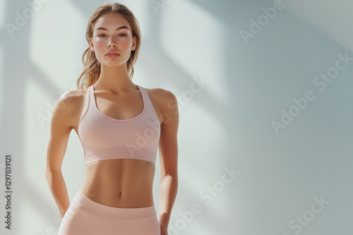 A beautiful young female fitness model wearing a pastel pink sports bra and leggings, standing in soft natural light. Perfect for health, wellness, active lifestyle, and beauty concepts.