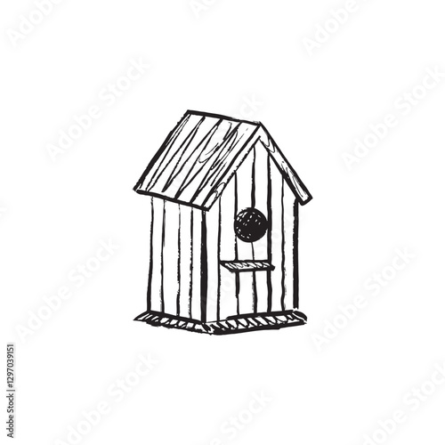 Wooden bird house feeder in black brush stroke texture isolated on white background. Hand drawn vector sketch illustration in vintage charcoal ink. Nature concept, help animals, wood craft design