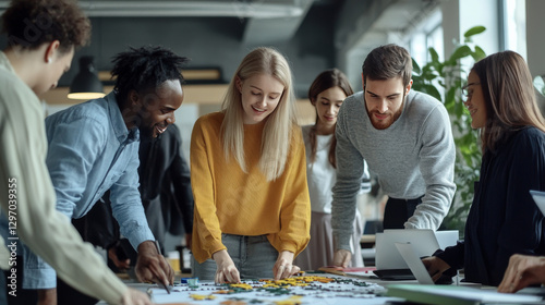 The essence of teamwork and partnership--business professionals assemble puzzle pieces in an office setting
