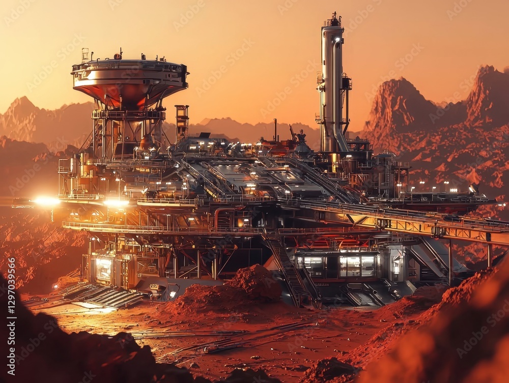 Fototapeta premium Expansive Mars base with multiple towers and advanced space technology