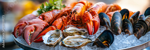 Luxury seafood platter with lobster, oysters, mussels, and shrimp on ice