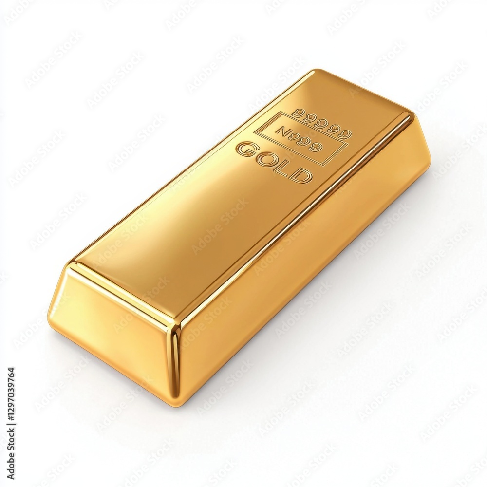 A single glossy 3D rendered miniature gold bar, highly polished reflective surface, engraved details, neatly arranged on a white isolated background A single glossy 3D rendered miniature gold bar, highly polished reflective surface, engraved details, neatly arranged on a white isolated background