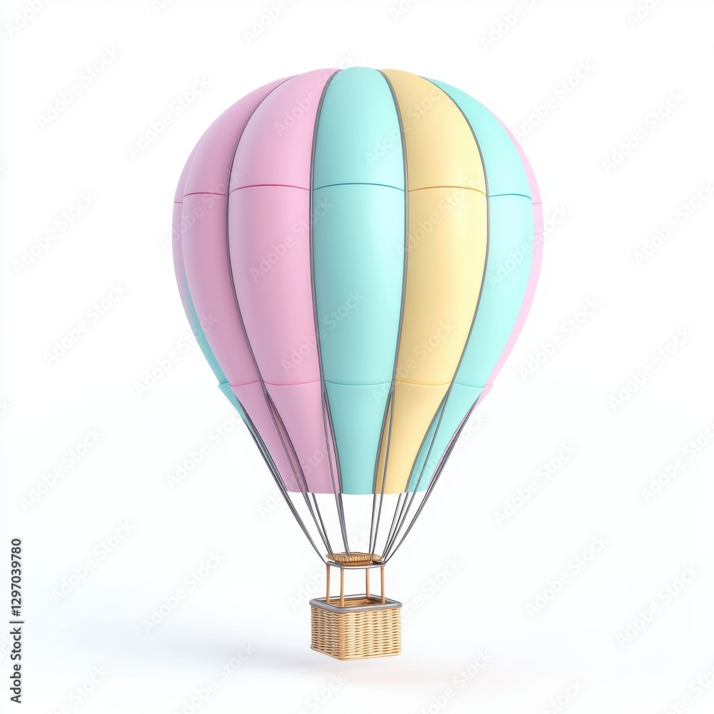 A single glossy 3D rendered miniature hot air balloon with a small basket, vibrant pastel colors, smooth reflective textures, neatly arranged A single glossy 3D rendered miniature hot air balloon with a small basket, vibrant pastel colors, smooth reflective textures, neatly arranged