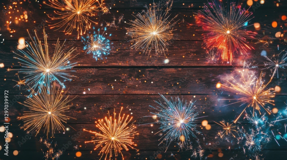 Fototapeta premium Vibrant fireworks display with colorful sparks illuminating a rustic wooden background, perfect for celebration themes.