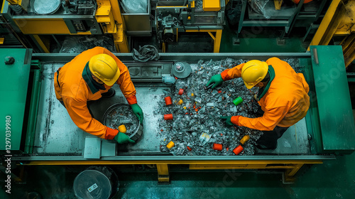 Circular economy recycling business model. Workers sorting materials on a conveyor belt in a recycling facility.