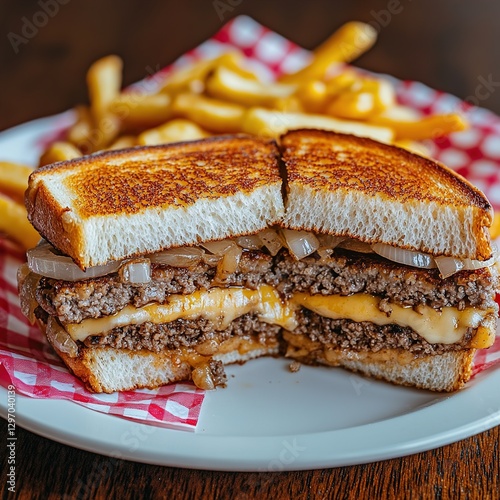 Diner-Style Presentation of a Whataburger Patty Melt on White Plate with Red Gingham Napkin, Showcasing Melted Cheese, Beef, and Onions photo