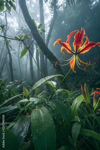 Vibrant Flame Lily in Zimbabwe Rainforest: Macro Photorealism in Cool Morning Light