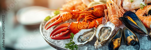 Luxury seafood platter with lobster, oysters, mussels, and shrimp on ice