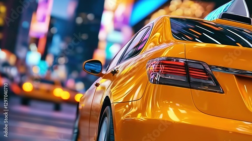 A vibrant yellow taxi cab stands out against a colorful city backdrop, illuminated by bright lights in a bustling urban setting at night.