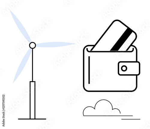 Wind turbine generating power next to a wallet holding a credit card and a simple cloud. Ideal for sustainable finance, green energy, eco-friendly investments, clean technology, renewable resources