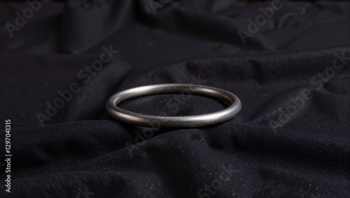 Shiny silver ring on black fabric, elegance and simplicity