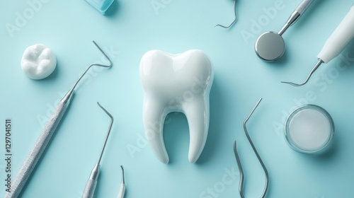 A close-up of a white dental tooth model surrounded by dental tools on a turquoise background.
