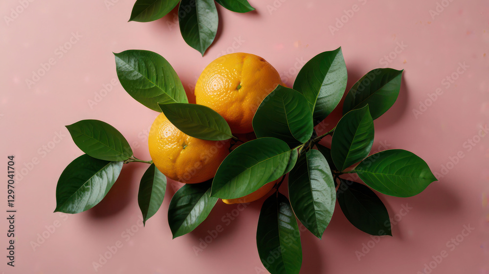 Fresh Citrus Leaves On A Pink Background Fresh Citrus Leaves On A Pink Background