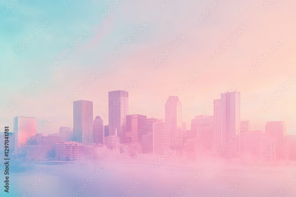 A vibrant city skyline is seen behind layers of soft clouds A vibrant city skyline is seen behind layers of soft clouds