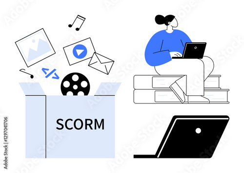SCORM box with multimedia icons and female character working on a laptop. Ideal for e-learning, digital libraries, online education, multimedia content management, IT training, remote work, abstract