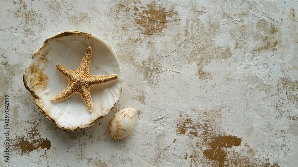 Obraz premium A starfish rests elegantly on a textured seashell against a muted, sandy background.